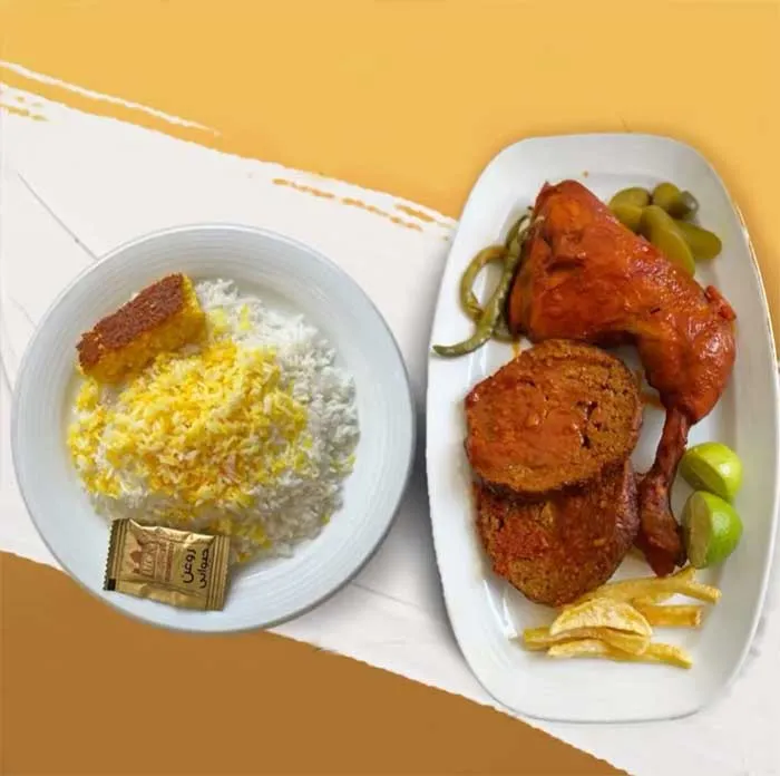 زرشک پلو با مرغ و رولت